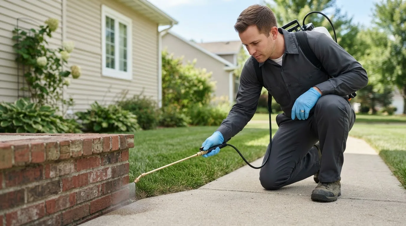 Pest control technician treating a home near La Plata, PR